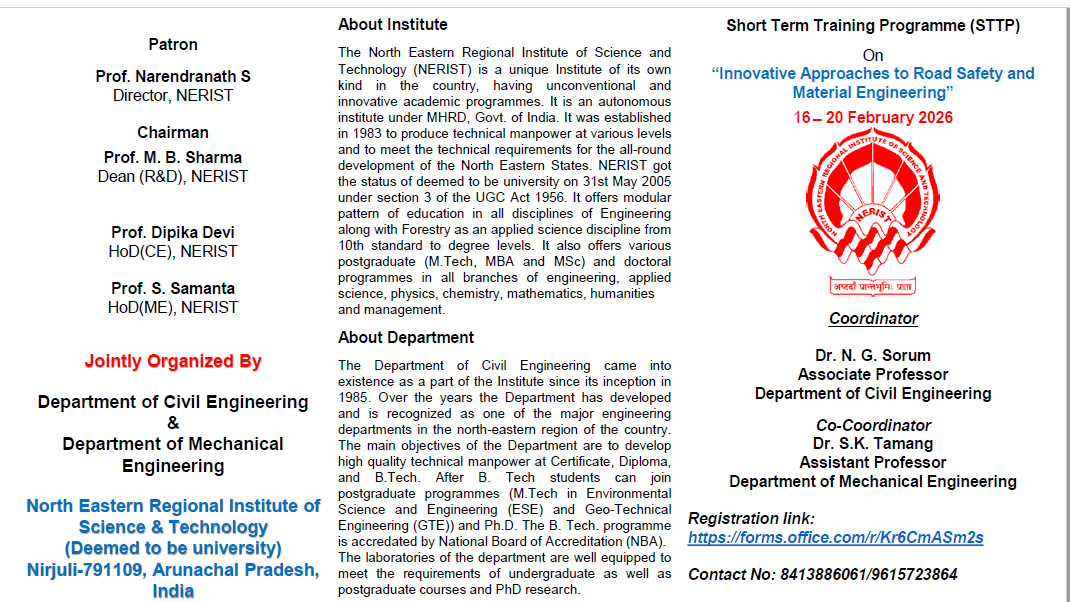 STTP on “Innovative Approaches to Road Safety and Material Engineering” during Feb. 16-20, 2026